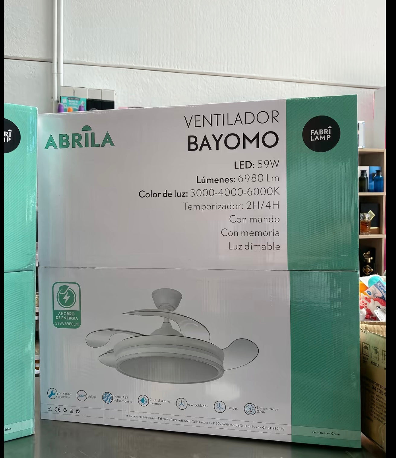 VENTILADOR BAYOMO 59W 6980LM CUERO 4 ASPAS DESP. 34,5/42X50/107D.3 COLOR, DC.REMOTO+REG.INTENSIDAD