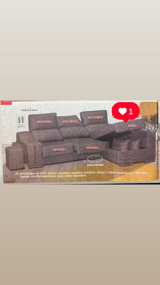 Shaiselongue con arcón,asientos extraíbles y respaldos reclinables