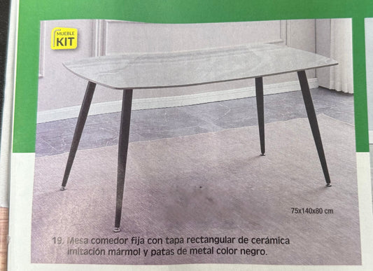 Mesa comedor fija con tapa rectangular de cerámica imitación mármol y patas de metal color negro 75x140x80cm