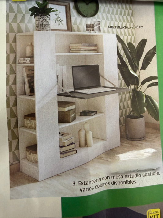 Estantería con mesa de estudio abatible.140x119,6x34,5-73,8cm(varios colores disponibles?