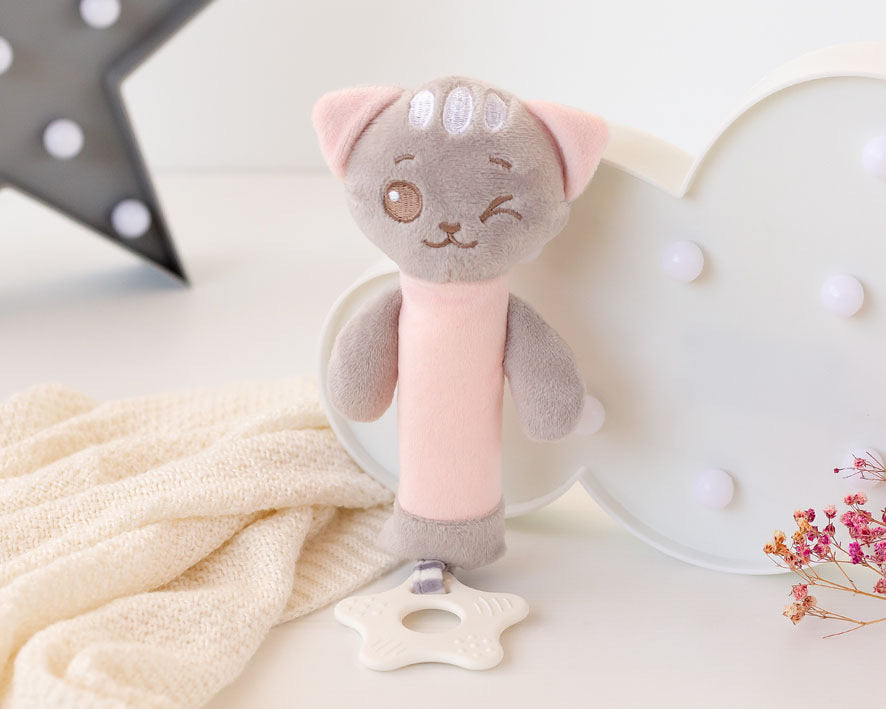 Sonajero/mordedor gato rosa 25cm
